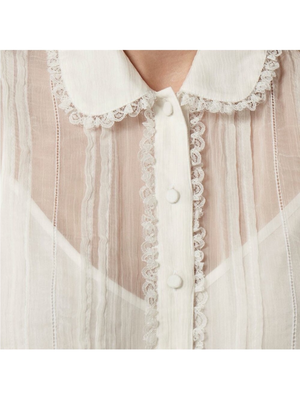 Sheer White Lace-Trim Short Sleeve Blouse - Picture 2 of 11